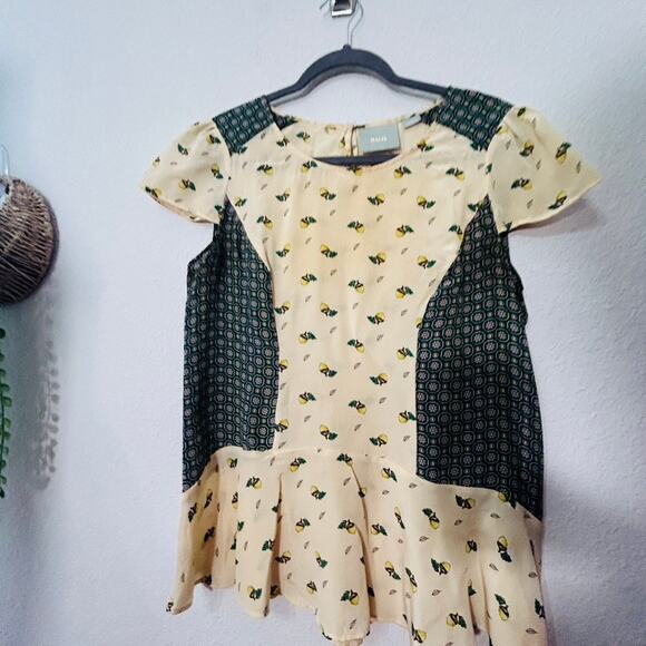 Anthropologie Maeve Fluttered Oak Silk Blouse Top Colorblock Ruffle Hem Sz 8 Md - Picture 7 of 12